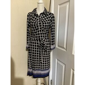 Laundry by Shelli Segal Black White Geometric Print Wrap Midi Dress Maternity S